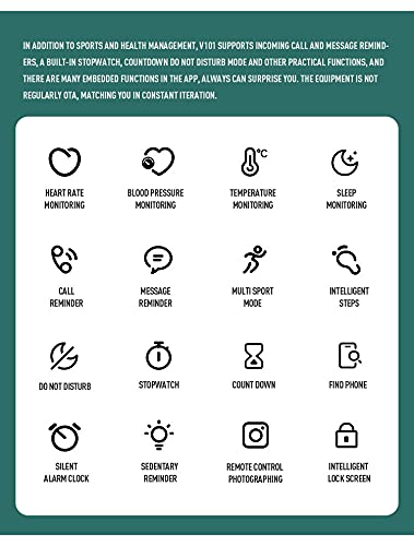 A grid of icons illustrating various smartwatch functions including heart rate, blood pressure, temperature, sleep monitoring, call/message reminders, multi-sport, stopwatch, alarm, and remote camera control.