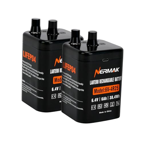 NERMAK 6 Volt 6Ah Lithium LiFePO4 Heavy Duty Lantern Battery 2 Pack 2000 Cycles Rechargeable Lithium Iron Phosphate Battery for 4R25 Lantern(Spring S2 Terminals)