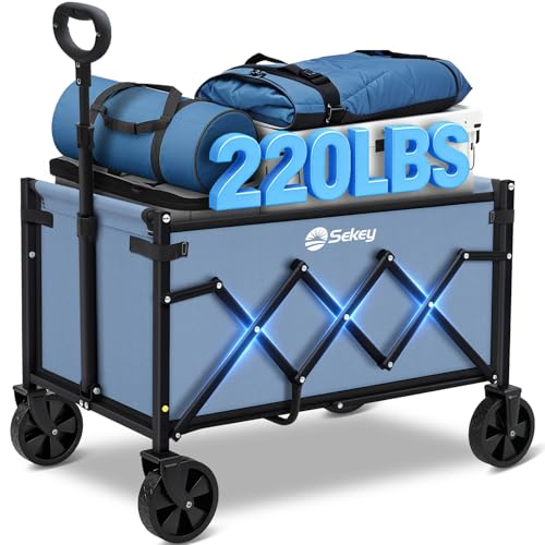 Sekey Wagon Cart with Wheels with 220LBS Capacity,Heavy Duty Wagon Carts Foldable,Lightweight Utility Portable Cart for Grocery, Shopping, Garden, Camping. Blue