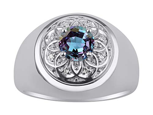 Image of Rylos Men's Designer Gypsy Ring with 7MM Round Gemstone & Diamond - Birthstone Rings in Sizes 8-13 in Sterling Silver