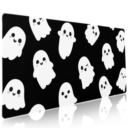 Image of Halloween Cute Ghost Mouse Pad Kawaii Cartoon Spooky Funny Spirit Extended Desk Mat Non-Slip Rubber Base Stitched Edge Large XXL Black White Mousepad for Gaming Laptop Computer Desktop 35.4x15.7 in