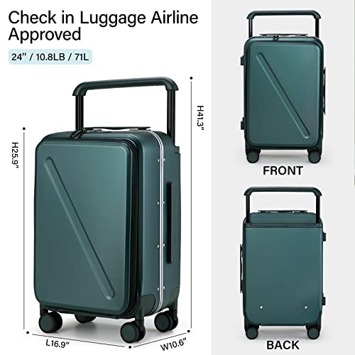 MILADA Wide Handle Luggage with Front Pocket Hardshell Aluminium Check In Suitcase with Wheels Medium 24 Inch Front Opening Checked Luggage with Spinner Wheels TSA Approved Luggage, Blackish Green3