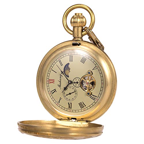 Reloj de Bolsillo - Cobre Puro Caso ManChDa Vendimia Grabado Steampunk Tren a Vapor Ferrocarril Luna Sol Mesa 24 & 12 Visualización de la Hora con Cadena + Caja de Regalo