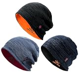 3 Pack Reversible Winter Fleece Lined Beanie Hats for Men Women Warm Windproof Cotton Stretchy Knitted Skull Caps, Black+blue Grey+blue, One size
