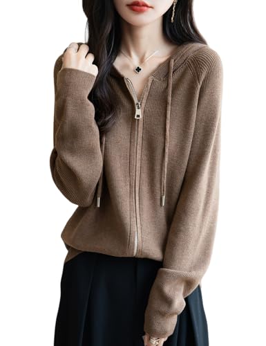 Ciovkis Women's Merino Wool Blend Cardigan 2025 Fall Winter Casual Zipper Sweatshirt Long Sleeve Ribbed Knit Hooded Cardigan (Brown5202,S)