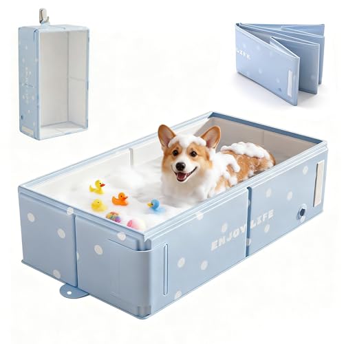 Collapsible Pet Bathtub with Side Drain Plug Easy Hanging Foldable Portable Tub for Dogs Bath Non-Slip Rigid Waterproof Dog Bath Tub for Home for Small Dogs Medium Dogs & Cats (Blue)