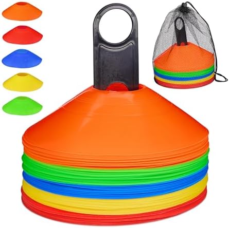 Relaxdays 50 cones de treino, futebol chinês, cogumelos para treinar desportos, PE, suporte e saco, 5 x 19 cm, multicoloridos, poliéster