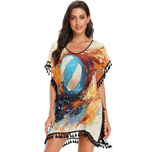 Volleyball Blue Fire Water Art Women's Beach Cover Up Chiffon Tassel Swimwear Swimsuit Coverups for Girl