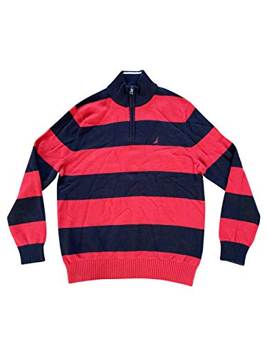 Nautica Men's Pullovers Mock Neck 1/4 Zip Striped Sweatshirt (Medium, Nautica Red/Navy)