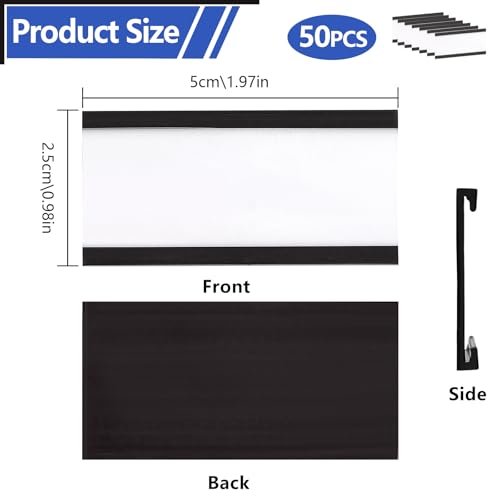 50 Stück Magnetische Etikettenhalter, 25 × 50mm Magnetschilder zum Beschriften mit Papiereinlage Schutzfolie, Magnete Beschriftbar für Whiteboard Büro Metallregale