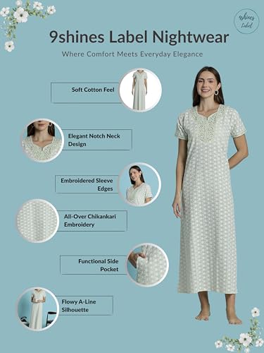 Image of 9shines Label Stylish Chikankari Cotton Nighty Maxi for Women | Full Length Nightgown | Nightdress with Pocket | Embroidery Nighty | Soft Comfortable Cotton Nightwear (1545)