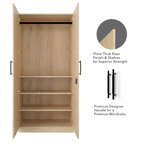 Image of Amazon Brand - Solimo Kiano 2 Door Wardrobe | Cupboard | Almirah with 4 Shelves & Hanging Rod | 90L x 45W x 180H CM | Wood Oak Light | DIY
