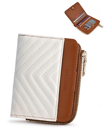 Image of Small Bifold Wallets Woman RFID Mini Wallet for Women Slim Card Holder with Zipper Coin Pocket & 2 ID Windows (Beige&Brown)