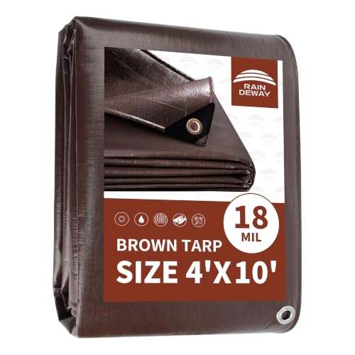 RAINDEWAY 4x10 Feet Super Heavy Duty 18 Mil Brown Poly Tarp Cover, UV Resistant, Weatherproof, Multipurpose Waterproof Poly Tarp with Grommets and Reinforced Edges