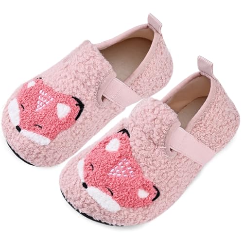 IceUnicorn kids Slippers Girls Cute Cartoon Animals Slippers Winter Warm Plush Anti-Slip Children Home Shoes(Fox Pink,28)