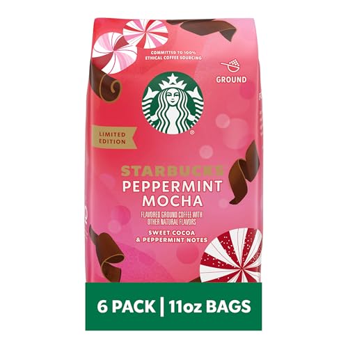 Starbucks Ground Coffee, Peppermint Mocha Naturally Flavored Coffee, 100% Arabica, Limited Holiday Edition, 6 Bags (11 Oz Each)