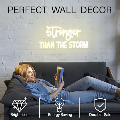 Image of Stronger Than the Storm Neon Sign Dimmable Neon Signs for Wall Decor Inspirational LED Signs Warm White USB Light Up Sign for Bedroom Living Room Home Decoration