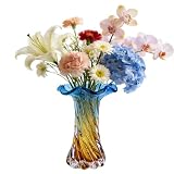 Hand Blown Glass Vase - Blue & Gold Gradient Unique Flower Vase for Centerpieces...