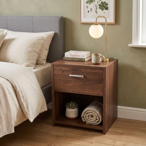 Image of FFO Modern Bedside Table with Drawer & Open Shelf, Wooden Top with Metal Frame, Compact Nightstand for Bedroom, Side Table with Storage, End Table for Living Room