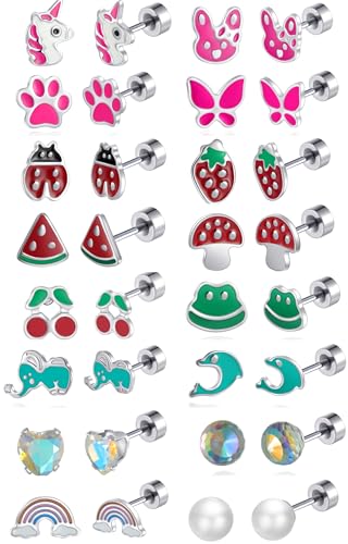 16 Pairs Hypoallergenic Screw Back Earrings for Women Girls 316L Stainless Steel Unicorn Butterfly Strawberry Cherry Flat Back Stud Earrings Jewelry Gift