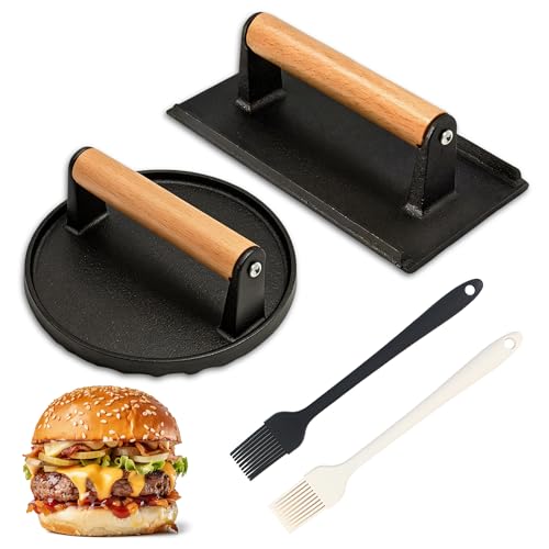 2PCS Burger Press Blackstone Burger Press Set Heavy Duty Cast Iron Round 18cm & Rectangular 20x11cm Bacon Grill Press with Wood Handle Meat Steak Weight for Sandwich Paninis