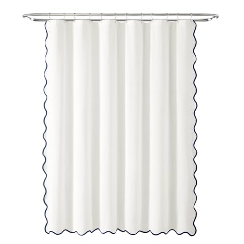 Image of Lush Decor Coastal Chic Scalloped Edge Light Filtering Window Curtain Panels Pair, 52 inch W x 84 inch L, Navy & White - White Curtains for Living Room - Coastal Decor (Pack of 8)