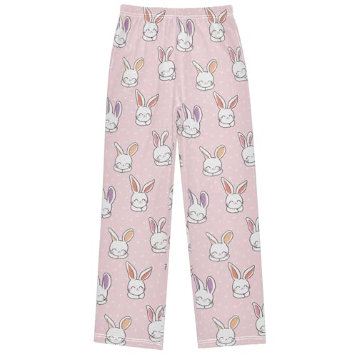 Boy's Pj Pants Cartoon Rabbit Face White Heart Lounge Bottoms Elastic Waist Kids Joggers with Pockets Size 6-14