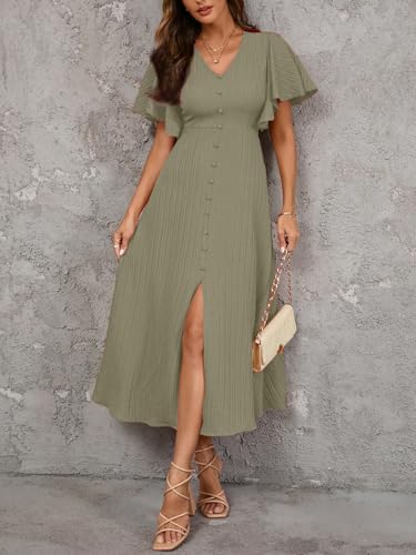 Image of Shasmi Girl's & Women's Pleated Midi Dress with Flutter Sleeves | V-Neck Western Dress for Women | Elegant A-Line Summer Outfit | Office & Casual Wear (Dress 244)