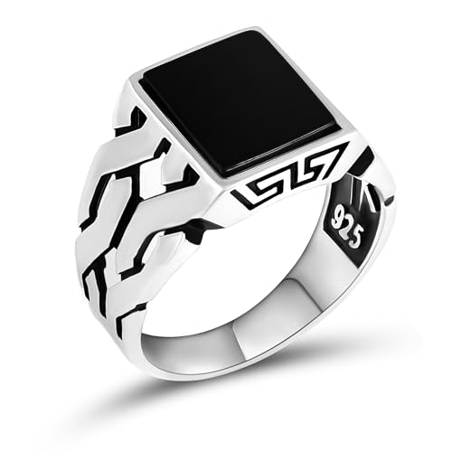 Men's Sterling Silver Ring with Black Onyx Stone, Cuban Link Design, 925 Silver (11)