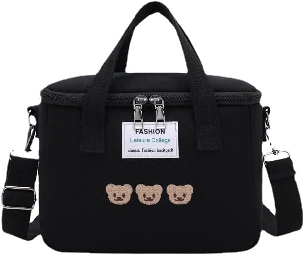 Miniatura 1 de Bolsa de almuerzo Kawaii con diseño de osos lindos, reutilizable, térmica, hielera, para suministros de regreso a la escuela (negro)