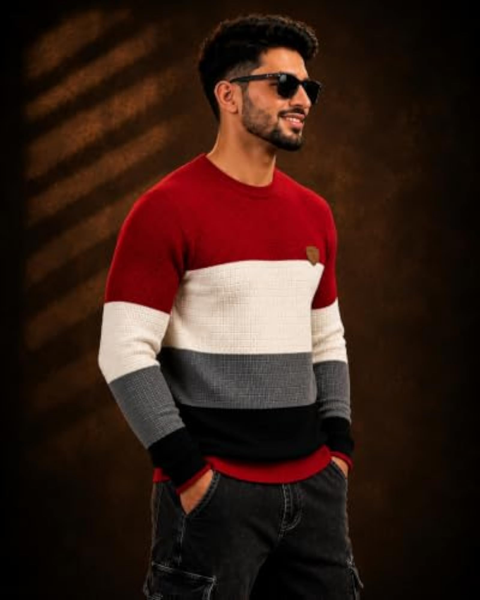 Block Sweater Full Sleeve Round Neck Knitted Pullover