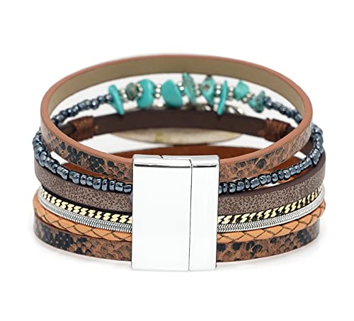 Wovanoo Leopard Leather Wrap Bracelets For Women Multilayer Cuff Bangle With Magnetic Buckle Gift For Birthday, Mother's Day, Valentine's Day Turquoise #TOP4
