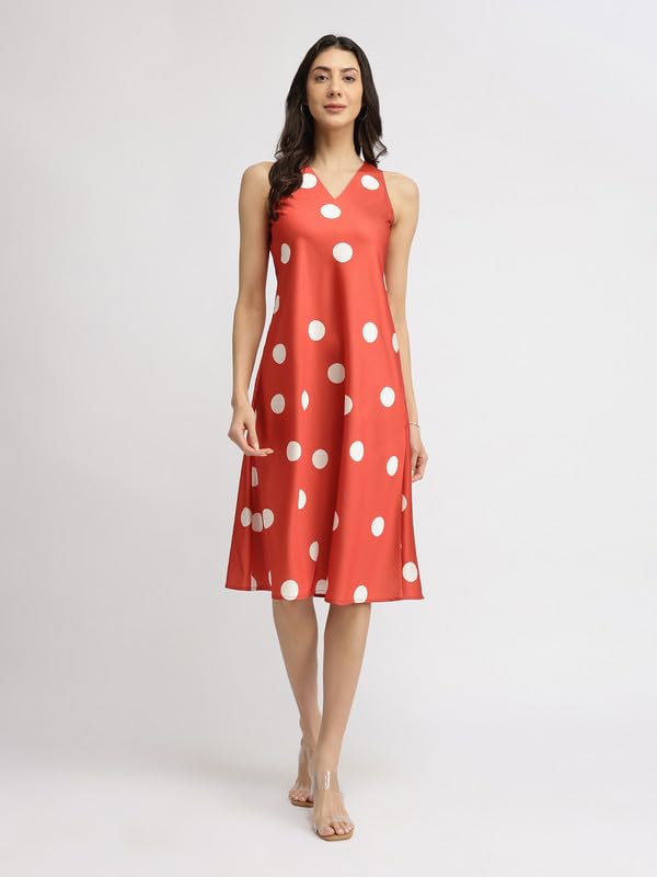 Image of FableStreet Women Party Dress | Elegant A-Line Fit Midi Length V-Neck Sleeveless | Lustrous Satin Fabric for Evening Gatherings & Celebrations