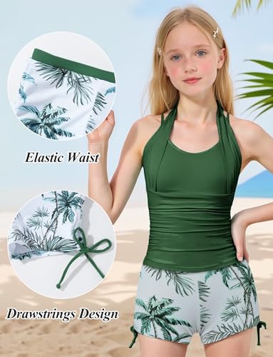 Image of Happy Cherry Girls Two Piece Swimsuit Halter Neck Bathing Suit Top with Drawstring Printed Swim Shorts Tankini Set 7-16Y