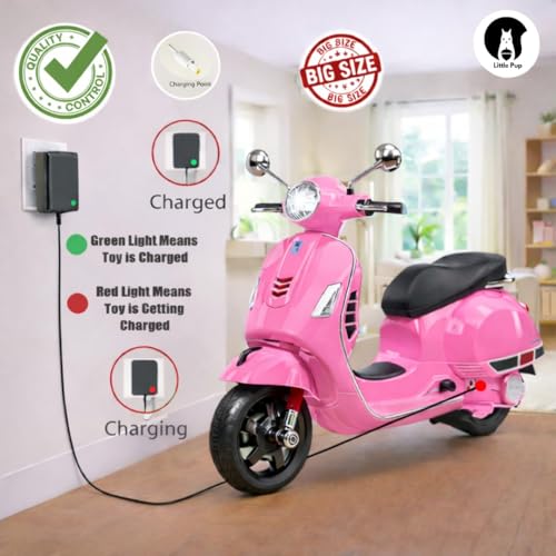 Image of Little Pup Battery Operated Ride On Scooter for Kids 2 to 6 Years | Electric Vespa Style Bike with Music, LED Headlight, Rechargeable Battery, Training Wheels | Kids Scooter (Pink)