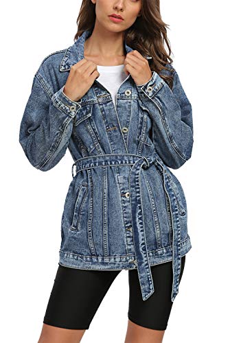 Jean Jacket Women Vintage Washed Boyfriend Denim Jacket Long Sleeve Classic Loose Jean Trucker Jacket D015 (Blue Jean Jacker Washed, S)