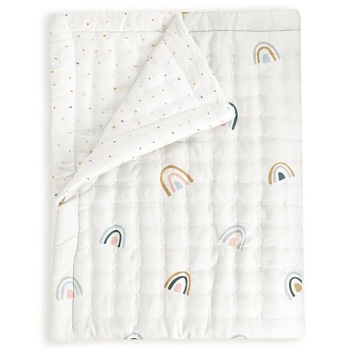 Image of MakeMake Organics Organic Twin Comforter GOTS Certified Organic Kids Blanket Cotton Infill Tufted - Reversible Ultra Soft Breathable Boys Girls (68"x88", Dotty + Rainbow)