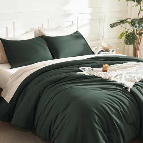 Image of Litanika Forest Green Comforter King Size, 3 Pieces Lightweight Solid Bedding Comforter Set, All Season Fluffy Bed Set (104x90In Comforter & 2 Pillowcases)
