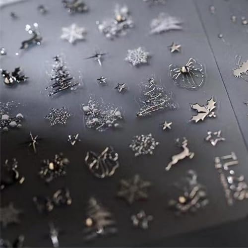 Image of Christmas Silver Nail Stickers Snowflake Nail Art Decals 5D Embossed Self Adhesive Rhinestone with Design Christmas Tree Nail Decals for Nails Art Reindeer Nails Supplies for Women DIY Manicure
