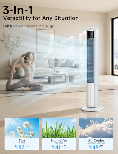 Image of 45 inch Windowless Air Conditioner for Bedroom, 120Swing Swamp Cooler | 25dB Ultra-Quiet Sleep Mode, 4L Dual Tank Cooling 24H, 12H Timer, 4 Modes & 3 Speeds Max 30ft /s, 4 Ice Packs& 2 Ways Control