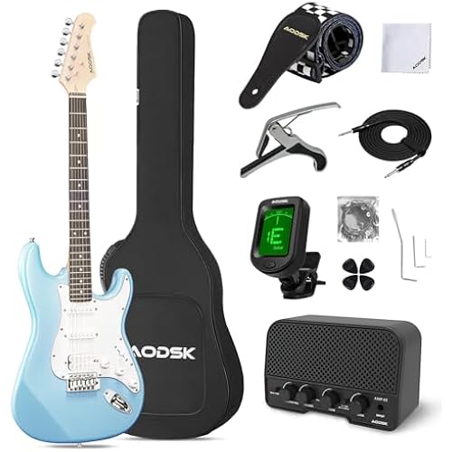 AODSK Electric Guitar with Amp Beginner Kit 39 Inch Solid Body Full Size,All Accessories,Digital Tuner,Six Strings,Four Picks,Tremolo Bar,Strap,Gig Bag,Starter kit (Blue-HSS)