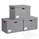 17" Large Collapsible Storage Bins with Lids, Stackable Closet Organizers with PU Handle and Labels, 3-Pack Decorative Fabric Storage Boxes for Home, Bedroom, Closet, Office, Nursery(Gray)