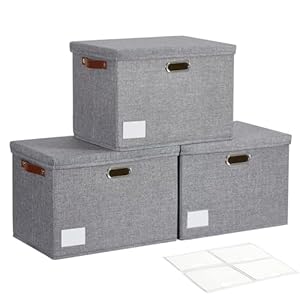 17″ Large Collapsible Storage Bins with Lids, Stackable Closet Organizers with PU Handle and Labels, 3-Pack Decorative Fabric Storage Boxes for Home, Bedroom, Closet, Office, Nursery(Gray)