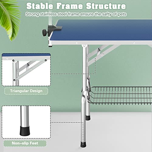 Image of Lyromix 46'' Stainless Steel Pet Dog Grooming Table, Arm /Noose /Tray, Blue