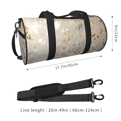 Gold Cowhide Print Metallic Duffle Bag, High Capacity Round Sports Luggage Bag With Interior Organizer & Side Storage Pockets4