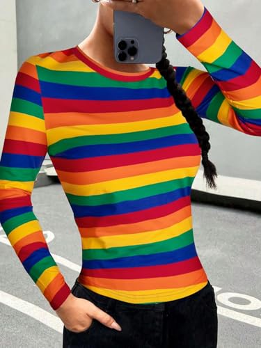 LilyCoco Womens Rainbow Striped Shirt Long Sleeve Colorblock Tops Crew Neck Fitted Tshirts2