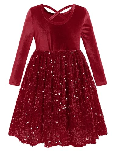 Toddler Girls' Velvet Sequin Dress Christmas Party Dresses Long Sleeve Crew Neck Ruffle Dress Fall Winter with Pockets2