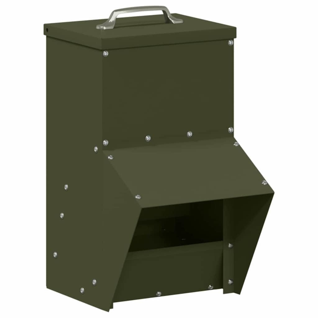 Comedero para gallinas de metal acero verde oliva 20 x 25 x 35 cm, diseño moderno y limpio para interior y exterior, práctico para alimentar aves de corral con fácil mantenimiento