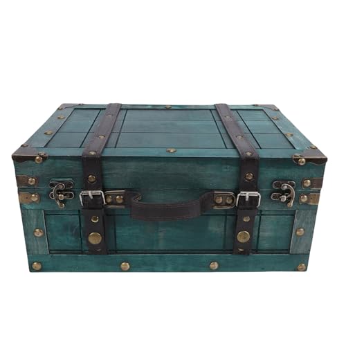 Yanmis Cofre del Tesoro de Madera, Baúl de Almacenamiento de Madera Vintage con Mango de Cuero de PU, 13,6 X 9,4 X 6,1 Pulgadas, para Decoración del Hogar, Colección de Joyas, (Retro Verde Grande)
