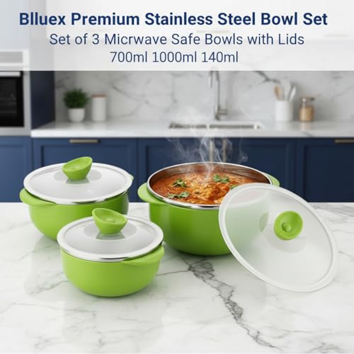 Image of Premium Stainless Steel Bowl Set of 3 | Microwave Safe Bowls with Lids | Mixing & Serving Bowls for Kitchen | Multi-Purpose Serving Bowls for Salad, Rice, Desert, Bowl Set (Green)